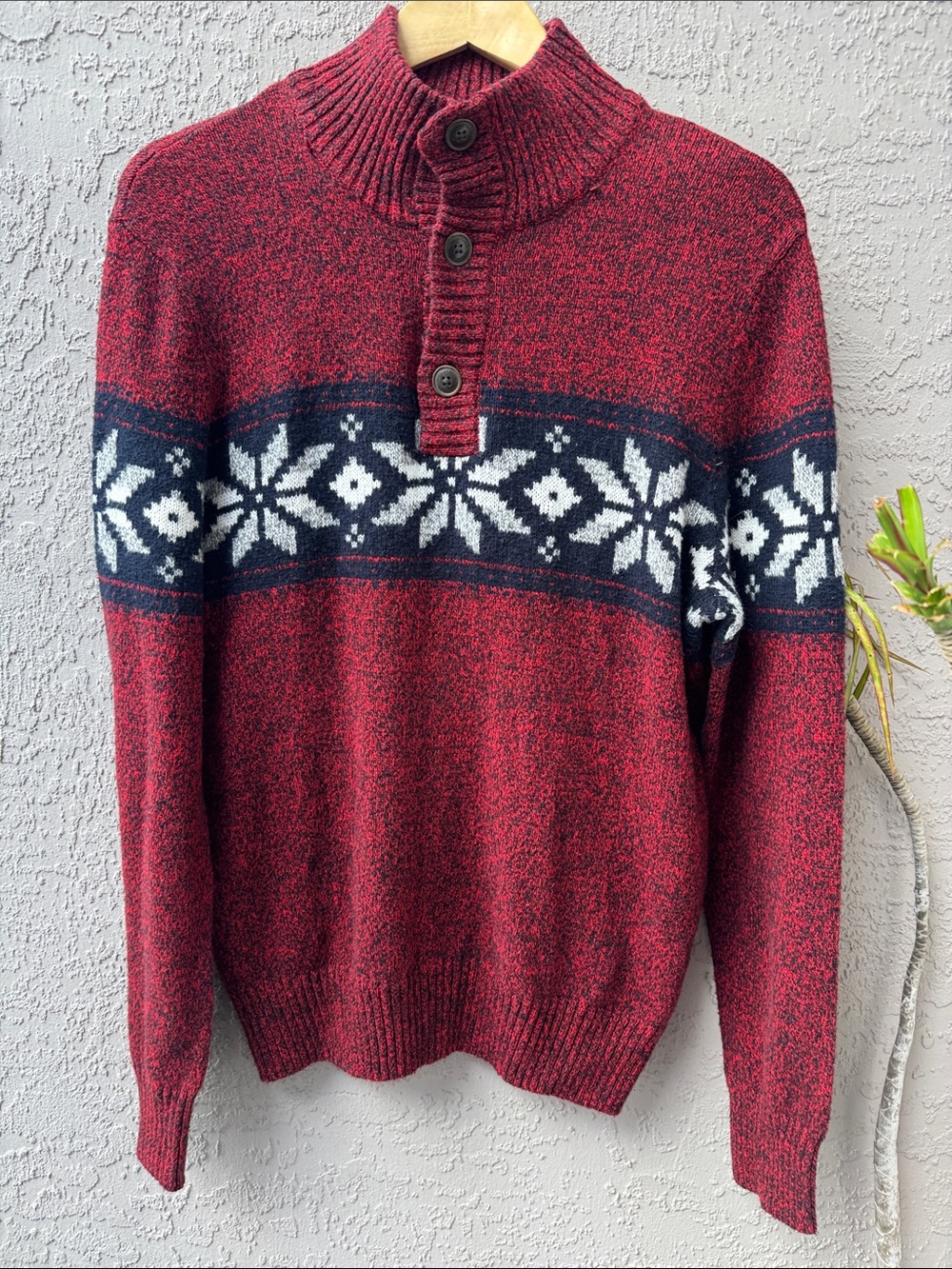 American Eagle Outfitters Red Fair Isle Button-Neck Turtleneck Sweater